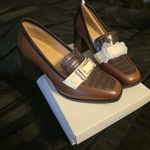 Alex Marie Brown Croc-Effect Block Heel Loafers with Ivory Strap